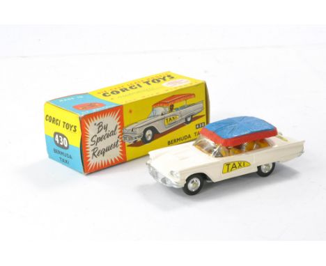 Corgi No. 430 Ford Thunderbird Bermuda Taxi. White with tan interior, red and blue canopy. Good, with some damage to windscre