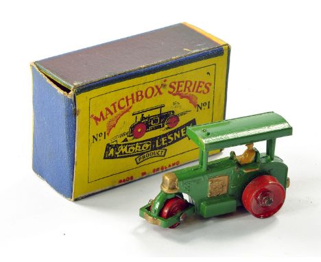 Matchbox Regular Wheels No. 1a Aveling Barford Diesel Road Roller. Dark green with gold trim, red wheels, tan driver. Straigh