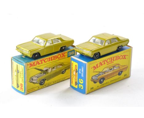 Matchbox Regular Wheels comprising No. 36c Opel Diplomat x 2. Both with chrome engine. Good and Excellent in E and F Type box