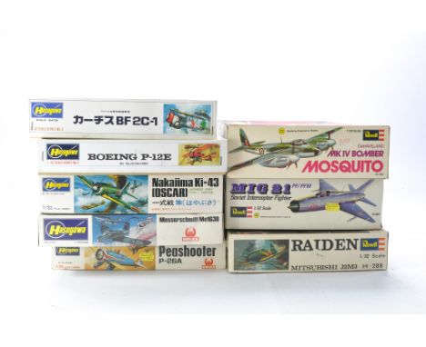 Revell and Hasegawa Vintage Plastic Model Kits in 1/32 comprising Eight issues including Mig 21, Mosquito Bomber, P-26a Peash