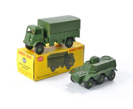 Dinky duo comprising No. 623 Army Covered Wagon. Excellent with little sign of wear in very good box plus Armoured Personnel 
