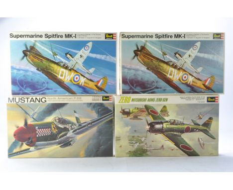 Revell Vintage Plastic Model Aircraft Kits in 1/32 comprising Mitsubishi A6M5 Zero, P-51B Mustang, Supermarine Spitfire MKI x