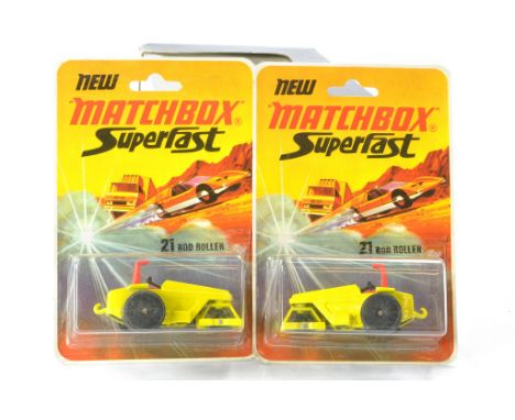 Matchbox Superfast No. 21b Rod Roller x 2. Yellow with flame decal and black plastic bases. Generally excellent, factory seal