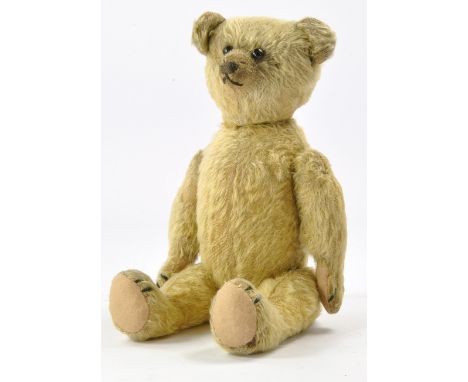 Early 1900's golden mohair rod jointed bear, approx. height 40cm, long limbs, boot button eyes, pronounced snout. Age related
