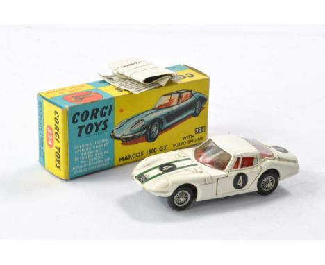 Corgi No. 324 Marcos 1800 GT with Volvo Engine. White with red interior. Racing no. 4. Generally good with some marks, more s