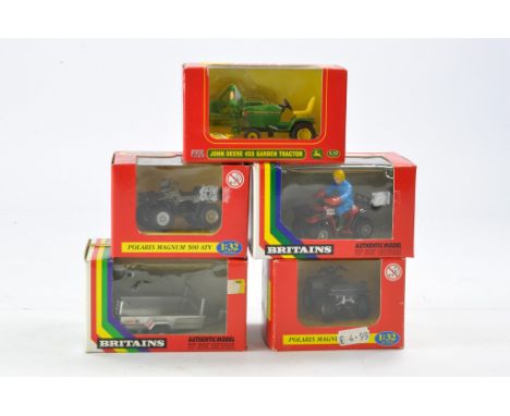 Britains 1/32 Farm issues comprising Trio of Polaris Quad Bikes, plus John Deere Garden Tractor and Logic Trailer. All look t