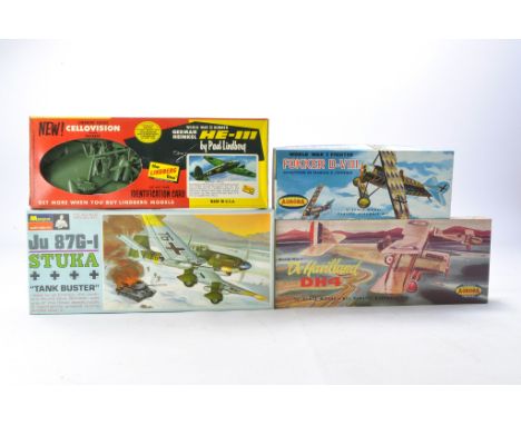 Aurora, Monogram and Lindberg Vintage Plastic Model Kits comprising Fokker DVIII, DH DH4, Heinkel HE111 and JU87G Stuka. All 