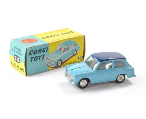 Corgi No. 216 Austin A40 Saloon. Light and dark blue with spun hubs. Generally excellent with little sign of wear in good to 