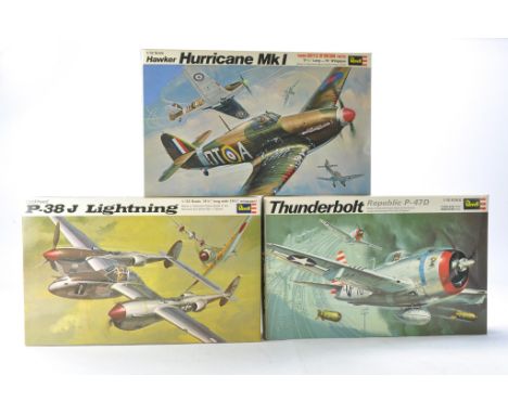 Revell Vintage Plastic Model Aircraft Kits in 1/32 comprising P-47D Thunderbolt, P-38J Lightning and Hawker Hurricane MKI. Al