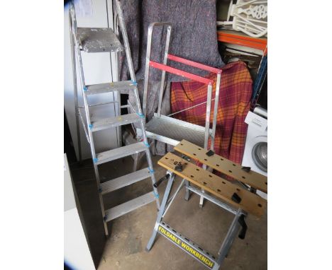 Three items comprising Beldray aluminium step ladder, work tressel and a Workmate bench 