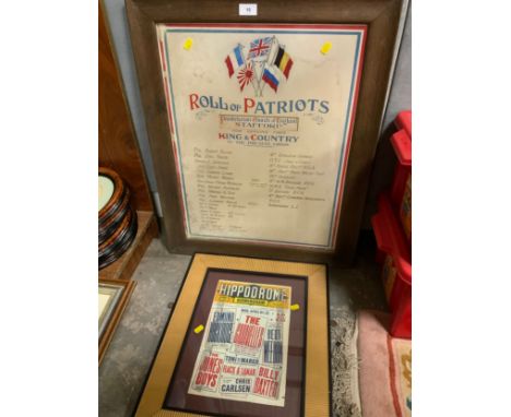 A vintage oak framed Role of Patriots print together with a Birmingham Hippodrome Theatre poster 