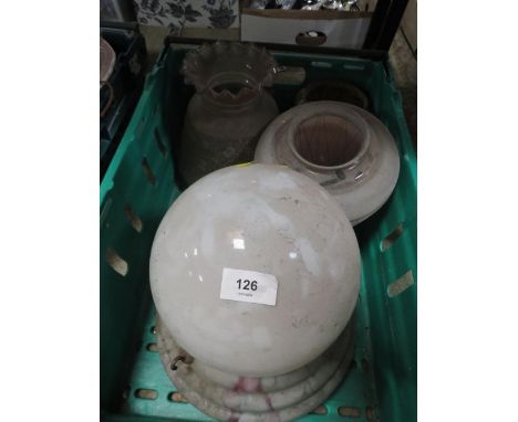 A tray of assorted glass light shades to include a Deco style mottled example 