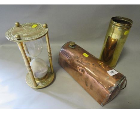 A vintage trench art vase together with a 19th century copper footwarmer and a brass hour glass 