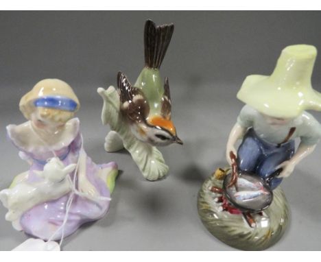 Two small Royal Doulton figures "Riverboy" and "Mary had a little lamb" together with a Goebel bird 