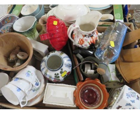 A tray of sundries to include a Portmeirion mantle clock, watches etc