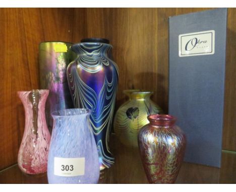 A selection of glass vases to include Okra and Caithness example 