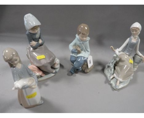 Three Lladro figurines together with a Nao example 
