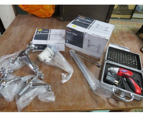 A tray of boxed and loose taps and a cordless screwdriver 