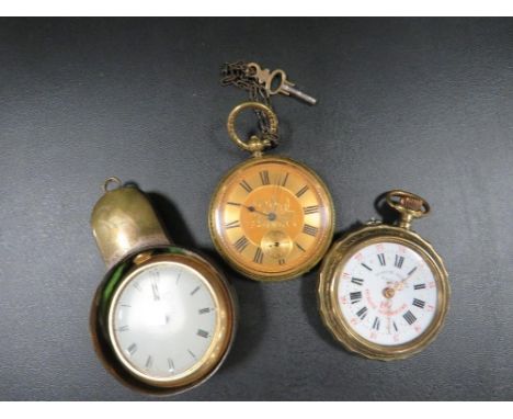 Three vintage brass open faced pocket watches to include one with horse and rider figure to reverse 