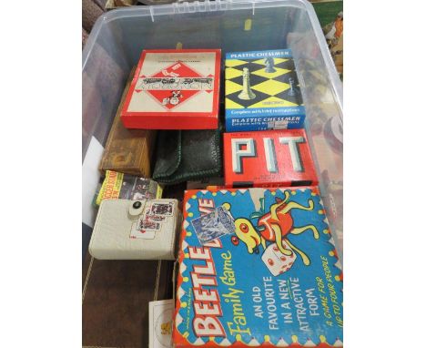 A tray of assorted vintage board games, playing cards etc 
