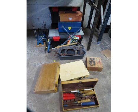 A seletion of tool boxes and contents to include record G-cramps 
