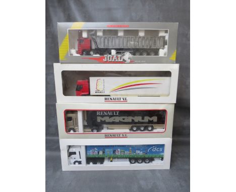 FOUR BOXED ARTICULATED LORRIES AND TRAILERS, to include 1:43 scale Eligor MAN DCS Europe, 1:43 scale Renault Premium, 1:43 sc