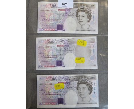 Bank of England Kenfield printing error £20, the black printing to the front mostly missing with only a ghost of the Queens p