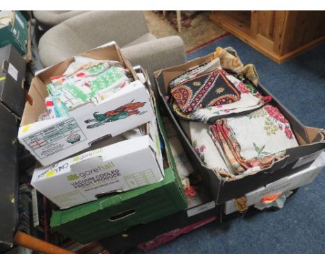 Eight trays of assorted vintage fabrics, tapestry's and linen 