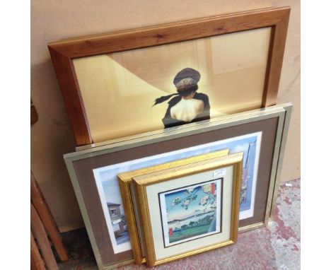 PICTURES COMPRISING A PAIR OF JAPANESE PRINTS, A PAIR OF PRINTS AFTER FRANK ELLISON, A PAINTING SIGNED 'R CASARO' AND A MIRRO