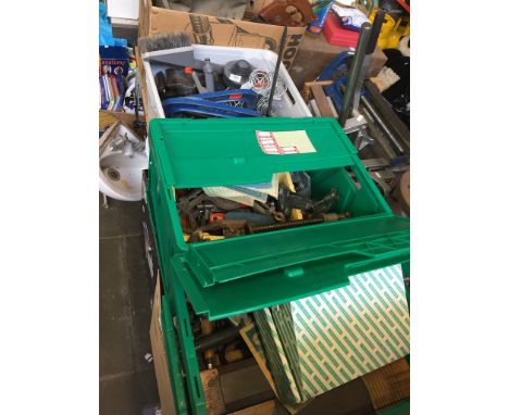 4 BOXES OF TOOLS: G-CLAMPS, BENCH VICE ETC