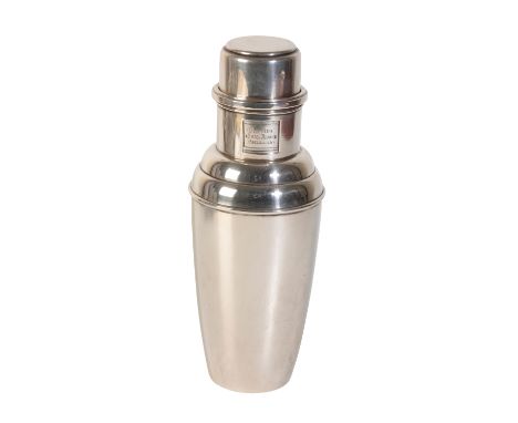 SILVER ART DECO STYLE COCKTAIL SHAKER, makers mark REC, stamped 800, tapering circular form, pull-off cover, engraved with va