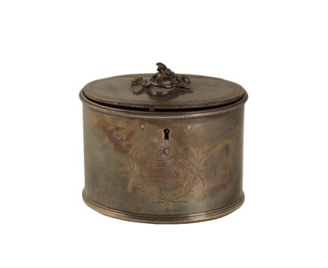 GEORGE III SILVER TEA CADDY, by Pierre Gillois, London, 1773, oval form, flush-hinged cover with foliate finial, gadrooned bo