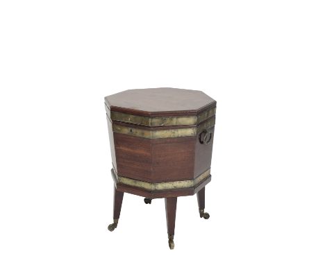 GEORGE III MAHOGANY AND BRASS BANDED CELLARET, late 18th century, of octagonal section, the hinged cover above twin brass rin