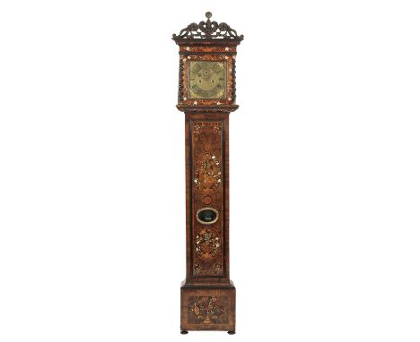 CHARLES II WALNUT AND MARQUETRY LONGCASE CLOCK, the 25.5cm square dial, with subsidiary seconds dial and date wheel, corner c