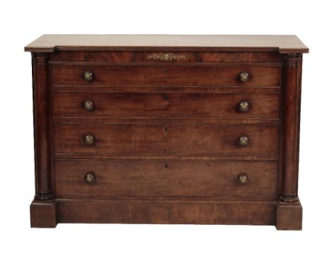 SUBSTANTIAL LOUIS PHILIPPE MAHOGANY COMMODE, circa 1830, the four graduated drawers each with twin turned handles with ormolu