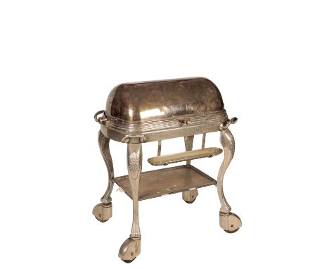 ELECTROPLATED METAL BEEF WAGON, the rectangular domed cover opens to reveal the hot plate with two burners, and drip tray, th