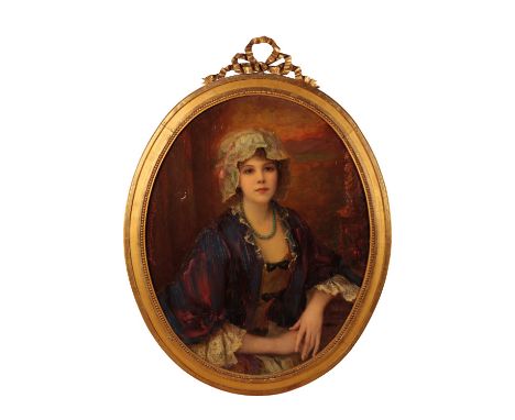 SPANISH SCHOOL, EARLY 20TH CENTURY A half-length portrait of a lady wearing a lace bonnet, blue beaded necklace and purple sh