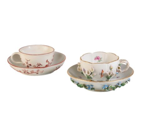 TWO MEISSEN PORCELAIN CUPS AND SAUCERS, LATE 19TH CENTURY, blue crossed sword marks (2)