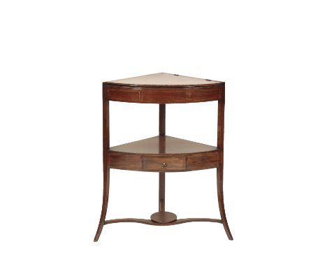 EARLY GEORGE III MAHOGANY CORNER WASH STAND, circa 1765, bow fronted, the two piece hinged top rising to form an arched splas