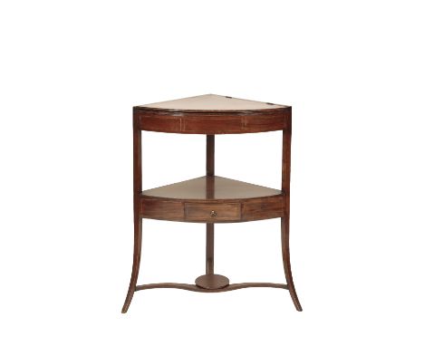 EARLY GEORGE III MAHOGANY CORNER WASH STAND, circa 1765, bow fronted, the two piece hinged top rising to form an arched splas