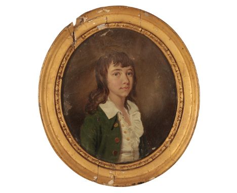 ENGLISH SCHOOL, PROBABLY 18TH CENTURY Half-length portrait of a young man wearing a green jacket and open shirt, various insc