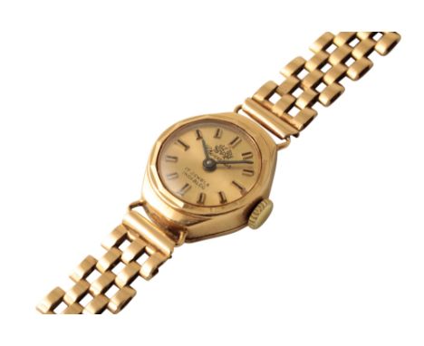 CHEVALIER 9CT GOLD LADY'S BRACELET WATCH, circa 1950's, with manual wind movement, the gold dial with gold baton numerals and