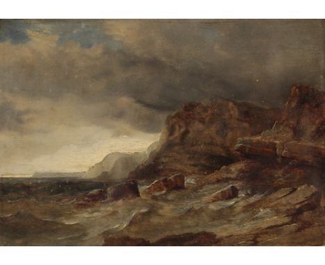 ATTRIBUTED TO THOMAS CRESWICK (1811-1869) Coastal scene with waves rolling over rocks at the foot of the cliffs, oil on panel