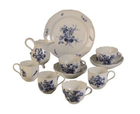 ASSEMBLED MEISSEN PORCELAIN BLUE AND WHITE PART TEA SERVICE, LATE 19TH CENTURY, each painted in underglaze blue with a bouque