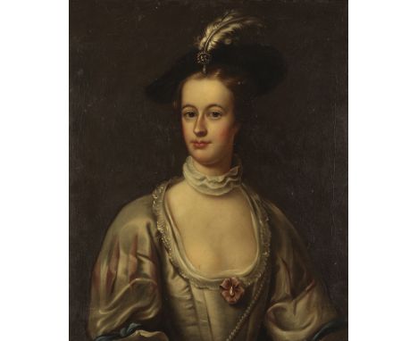 CONTINENTAL SCHOOL A bust-length portrait of a lady wearing a silk dress and a feather-plumed hat, oil on canvas, 65.5cm x 54