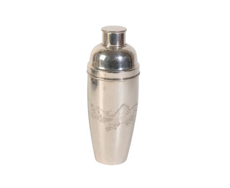 CHINESE SILVER COCKTAIL SHAKER, by Wai Kee, Hong Kong, tapering circular form, pull-off cover, the body engraved with a drago