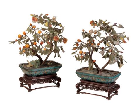 PAIR OF ENAMEL AND HARDSTONE JARDINIERES, QIANLONG PERIOD, the jardinieres decorated in coloured enamels with lotus blossom a