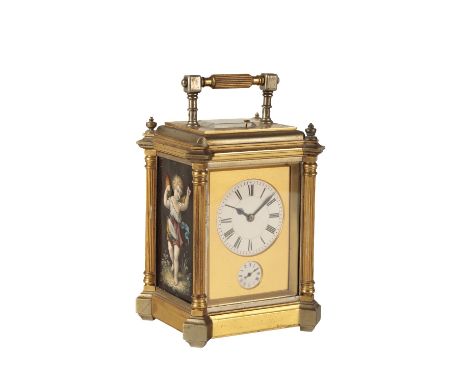 MARGAINE (FRANCOIS-ARSENE) A FRENCH REPEATING BRASS AND ENAMEL CARRIAGE CLOCK, the white enamel dial with Roman numerals abov