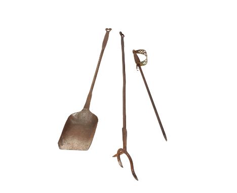 PAIR OF SUBSTANTIAL WROUGHT IRON FIRE TOOLS, late 19th century, comprising shovel and log fork, the shafts each with a csroll