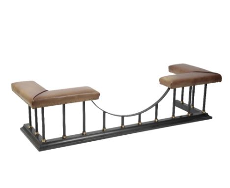 STEEL AND FINE SADDLE LEATHER MOUNTED CLUB FENDER, second half 20th century, the corner seats and central reserve on square s